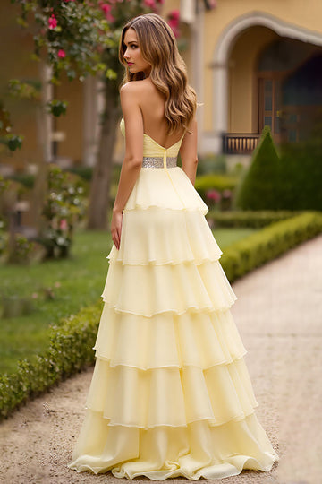 Light Yellow A Line Sweetheart Tiered Long Formal Dress With Beading
